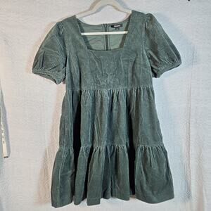 Madewell Corduroy Aidy‎ Square-Neck puff Sleeve Tiered Mini Dress Hunter Green 4